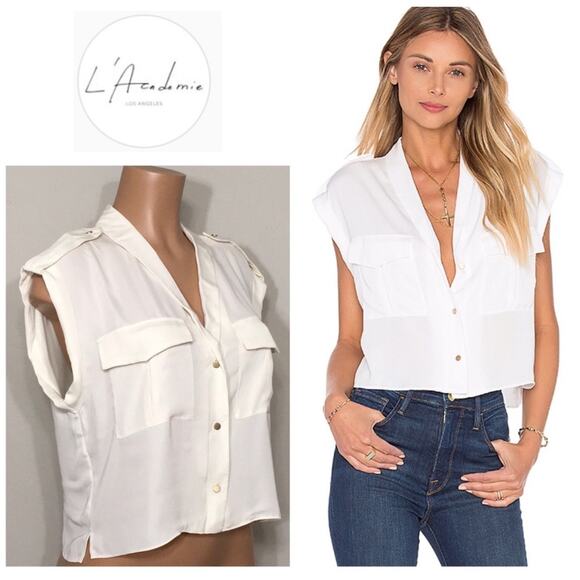L'ACADEMIE Top Medium Safari Crop Revolve Button Front Shoulder Epaulettes Linen - Picture 1 of 14